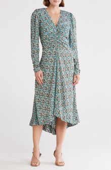 Joie Haruko Floral Print Ruched Long Sleeve High-Low Midi Dress
