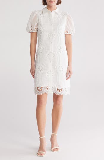 By Design Brynn Floral Embroidered Puff Sleeve Shirtdress In Gardenia