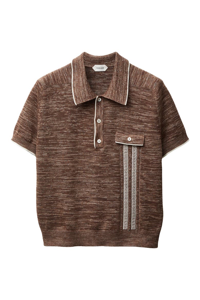 Greca Silk, Wool & Linen Blend Mouliné Polo Sweater, Alternate, color, BROWN