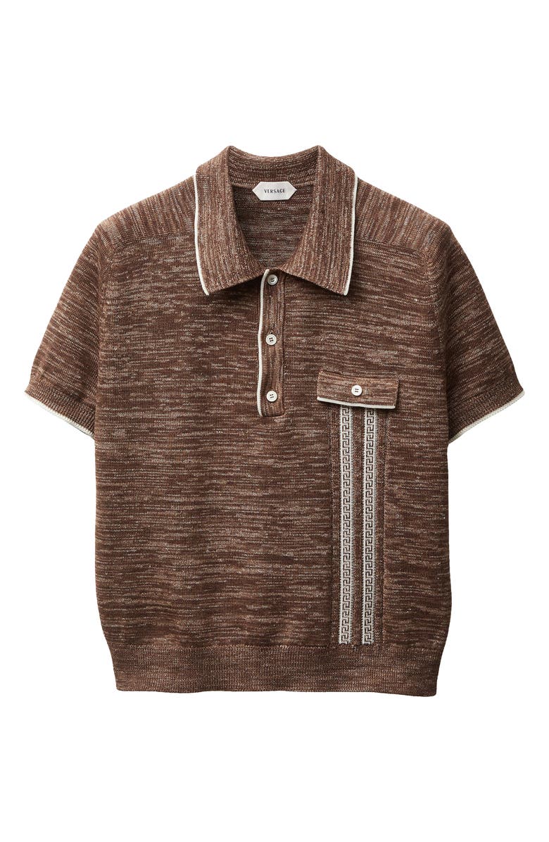 Versace First Line Greca Silk, Wool & Linen Blend Mouliné Polo Sweater, Alternate, color, Brown