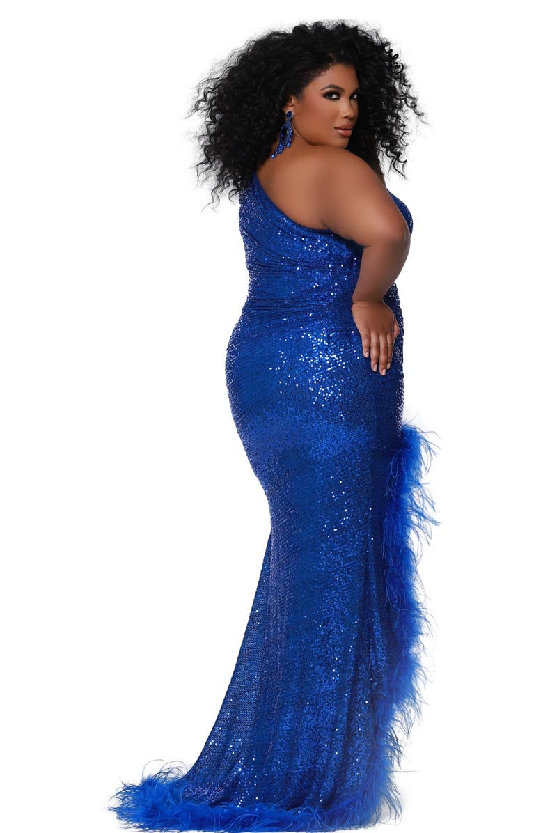 Johnathan Kayne for Sydney's Closet One Shoulder Sequin and Ostrich Feather Plus Size Gown, Alternate, color, Cobalt
