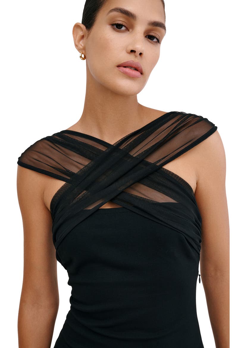 Waldorf Mesh Cross Neck Midi Dress, Alternate, color, BLACK