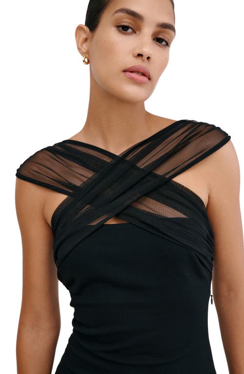Marcella Waldorf Mesh Cross Neck Midi Dress In Black