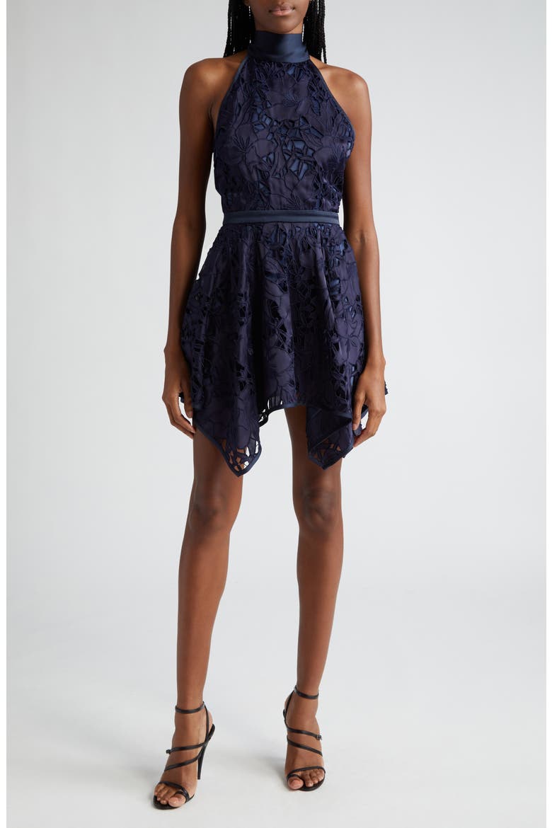 Leyla Floral Cutout Halter Minidress, Main, color, NAVY SATEEN FLORAL CUTOUT