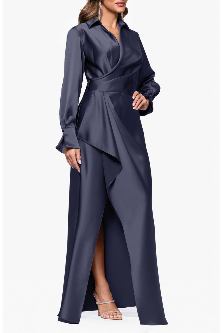 Collar Long Sleeve Satin Gown, Alternate, color, NAVY