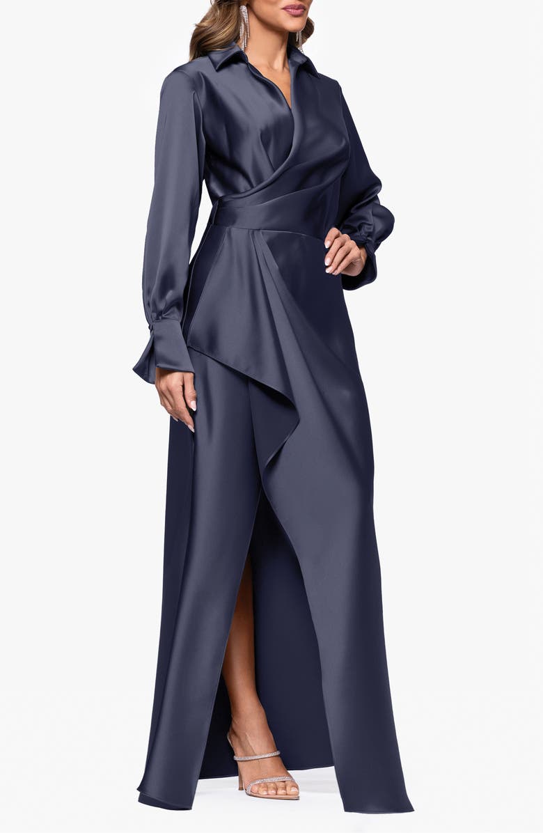 Xscape Evenings Collar Long Sleeve Satin Gown, Alternate, color, Navy