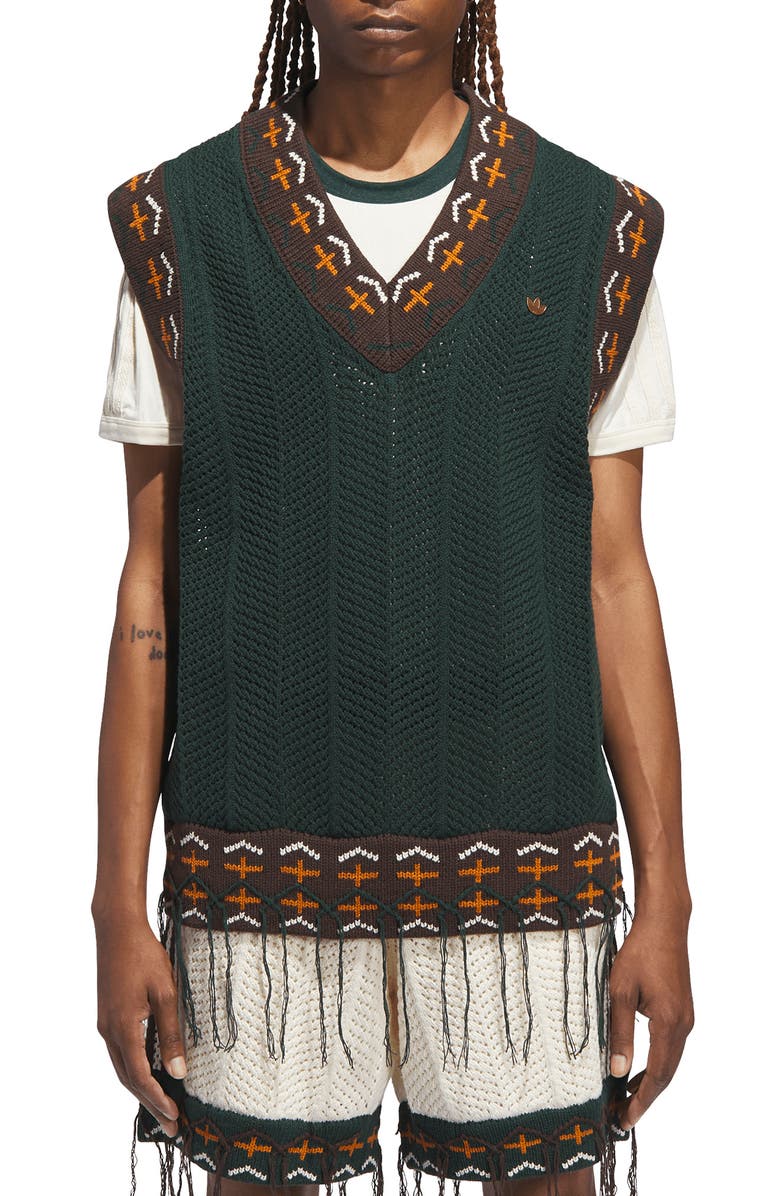 ADIDAS ORIGINALS X CLOT BY EDISON CHEN Tasseled Cotton Blend Sweater Vest, Main, color, Green Night