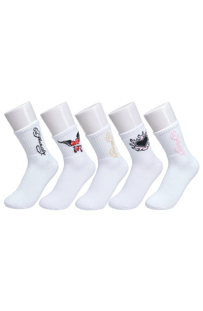 Ed Hardy Heart Flame Print Full Cushion Mid Crew Sock 5-Pack, Main, color, White Multi