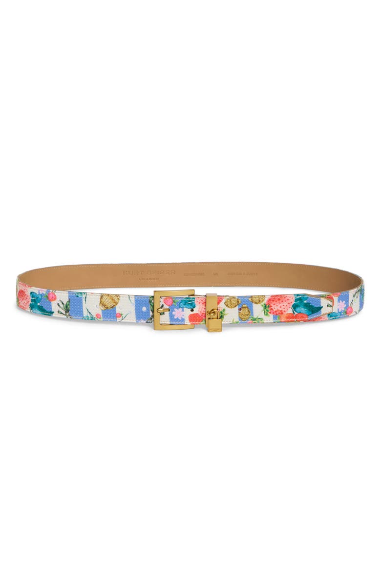 Kurt Geiger London Floral Print Stripe Faux Leather Belt, Main, color, Bone Multi/ Antique Brass