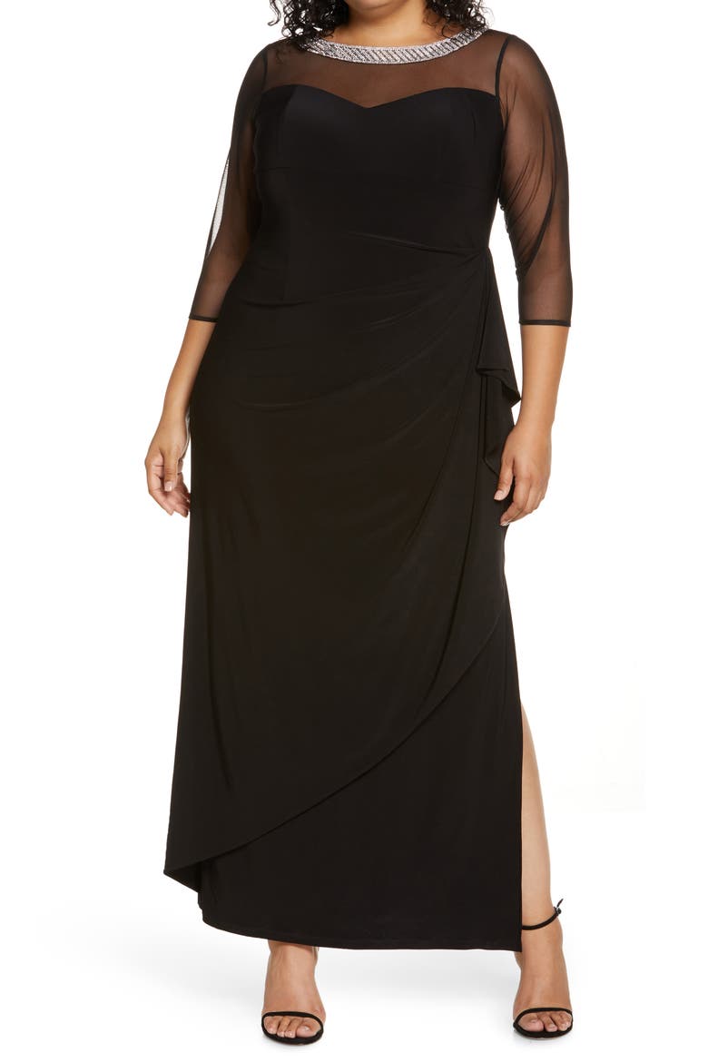 Illusion Sleeve Side Ruched Gown, Main, color, BLACK