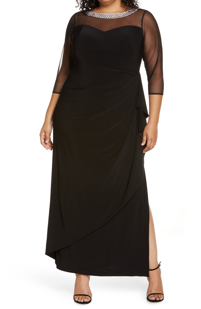 Alex Evenings Illusion Sleeve Side Ruched Gown, Main, color, Black