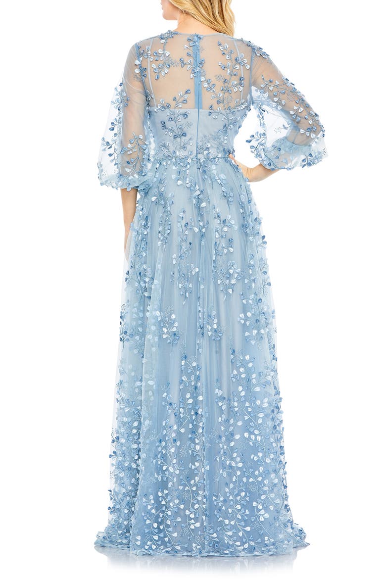 Embroidered Mesh High-Neck Dress with Puff Sleeves, Alternate, color, BLUE