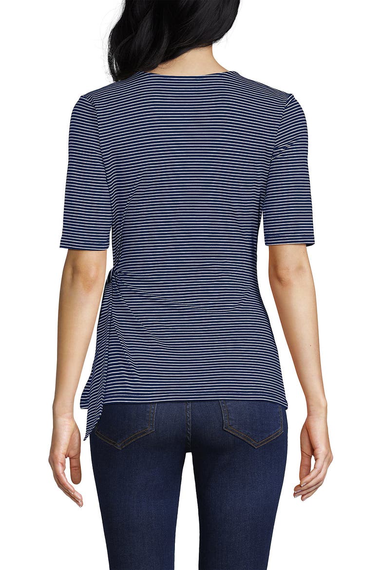 Elbow Sleeve Lightweight Jersey Side Tie Blouse, Alternate, color, Deep Sea Navy Tiny Stripe