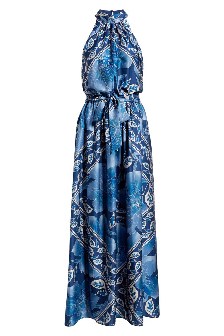 Printed Mock Neck Satin Maxi Dress, Alternate, color, BLUE MULTI