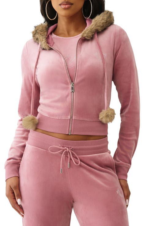 Shrunken Crystal Faux Fur Trim Velour Hoodie
