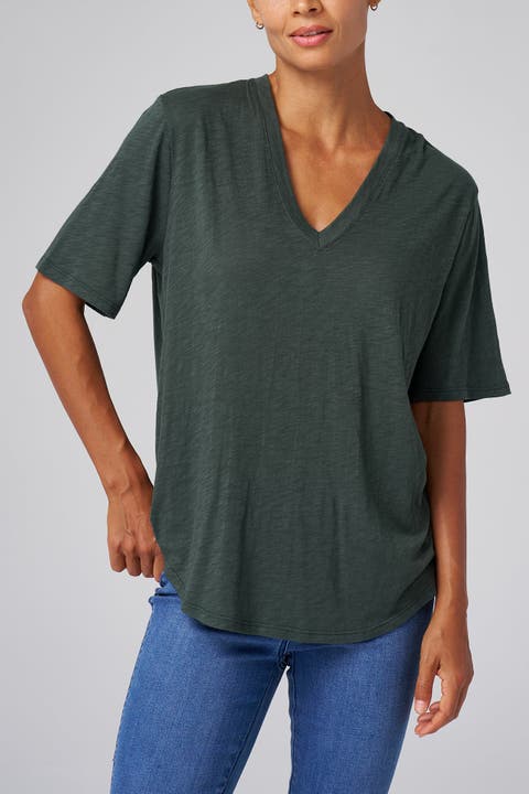 Slub Jersey V-Neck Elbow Sleeve Tee