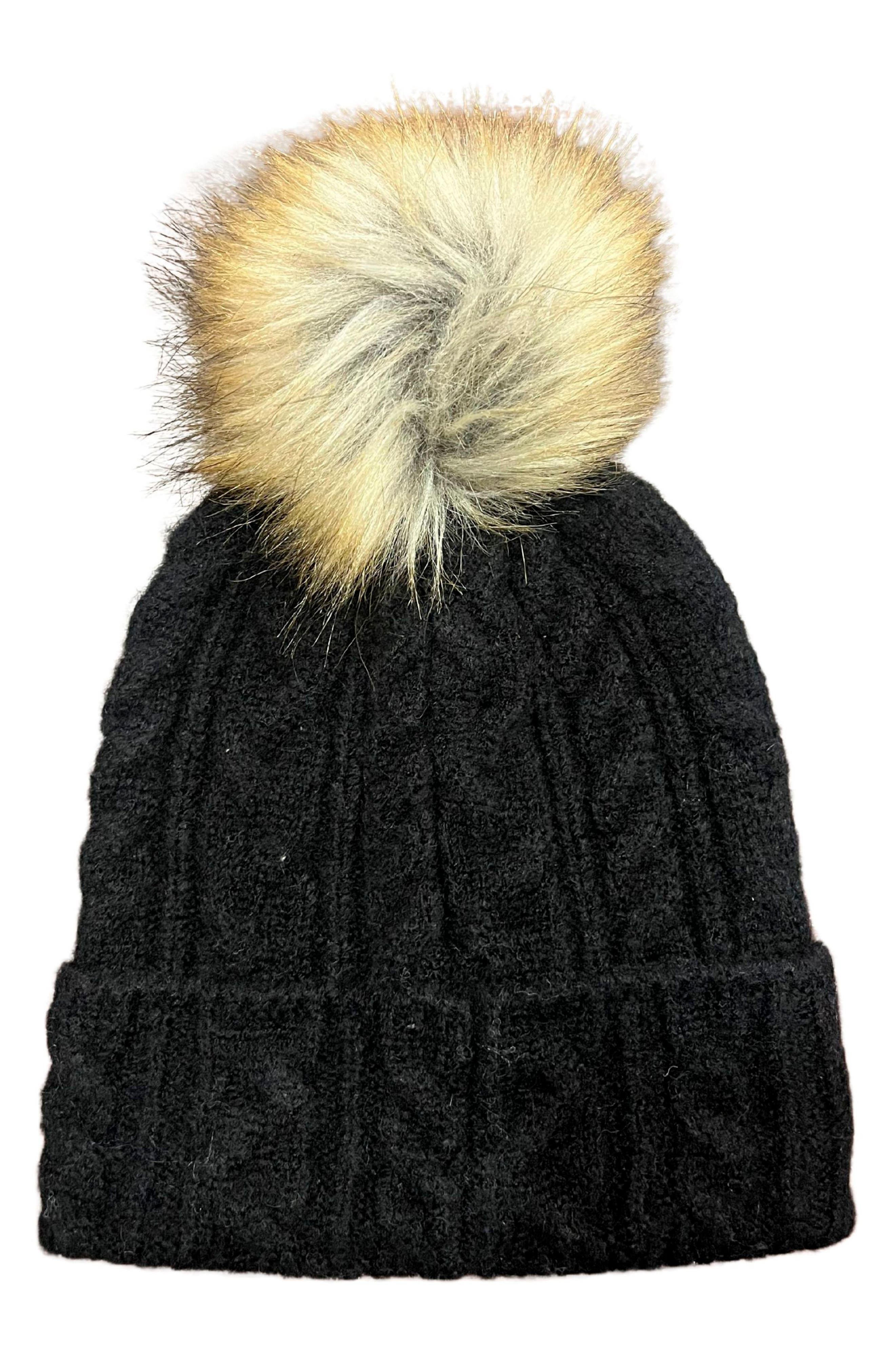 MARCUS ADLER Faux Fur Pom Cable Knit Beanie