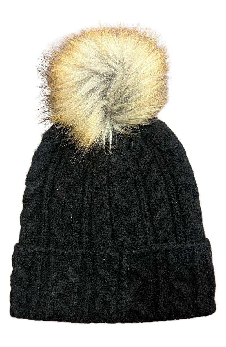 MARCUS ADLER Faux Fur Pom Cable Knit Beanie, Main, color, Black