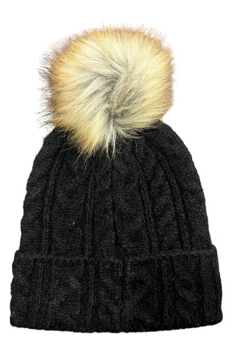 Faux Fur Pom Cable Knit Beanie