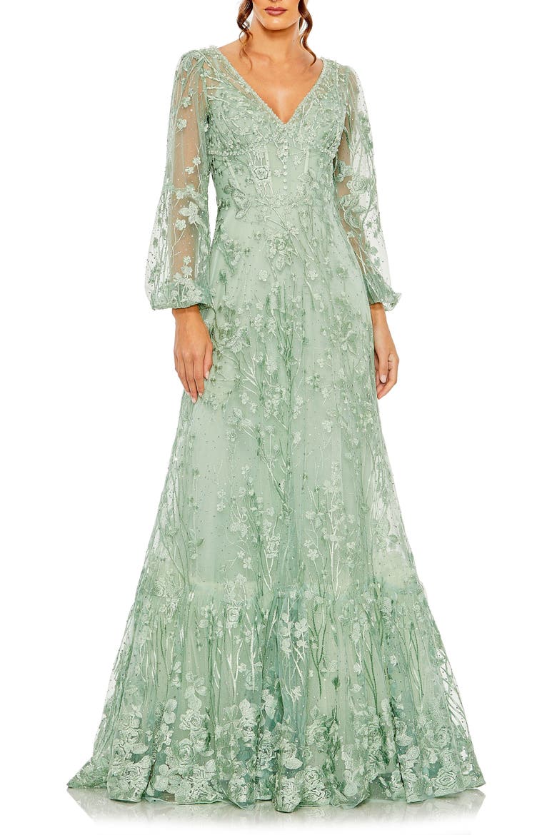 V Neck Puff Sleeve A Line Embroidered Gown, Main, color, SAGE