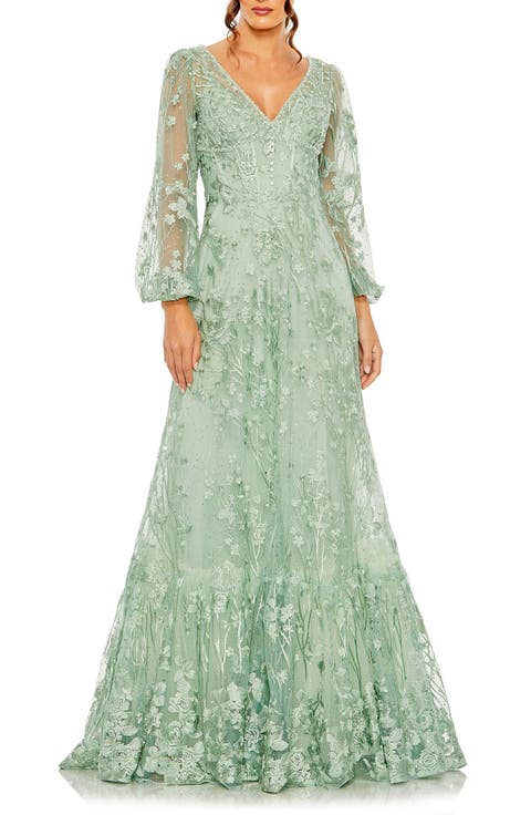 V Neck Puff Sleeve A Line Embroidered Gown