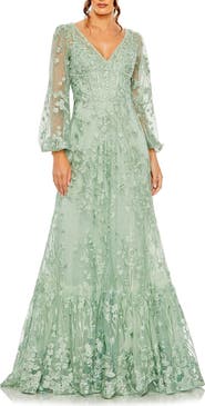 Mac Duggal V Neck Puff Sleeve A Line Embroidered Gown