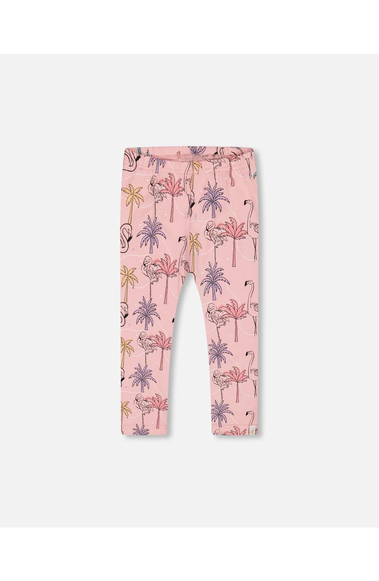 Deux par Deux Girl's Printed Organic Cotton Capri Legging Palm Trees, Pink Flamingo, And Turquoise, Main, color, Palm Trees, Pink Flamingo