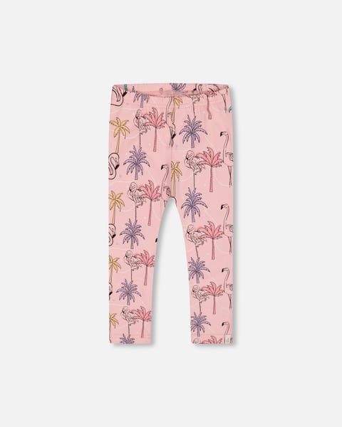 Girl's Printed Organic Cotton Capri Legging Palm Trees, Pink Flamingo, And Turquoise