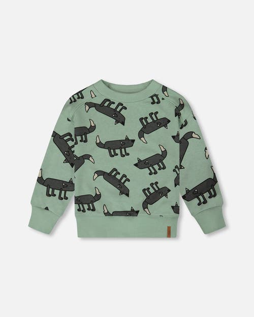 Deux Par Deux Boy's Printed Pullover French Terry Sweatshirt Gray Wolf On Teal Background In Gray Wolf On Teal Background