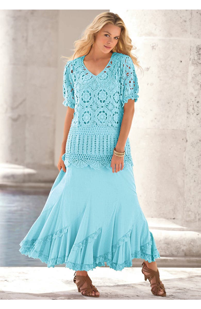 Roaman's Plus Size Medallion Pattern French Crochet Sweater Top, Alternate, color, White