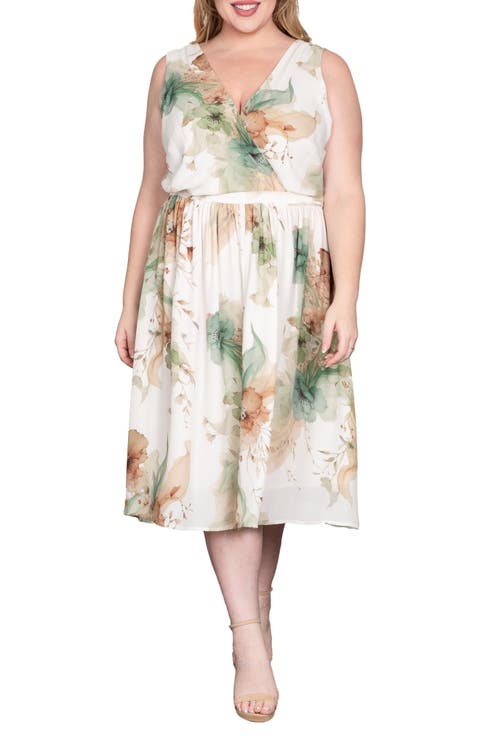 Floral Print Faux Wrap Midi Dress (Plus)
