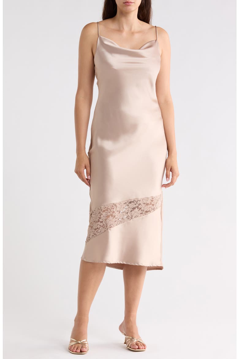 Satin and Lace Slip Midi Dress, Main, color, BEIGE