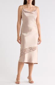 Renee C Satin and Lace Slip Midi Dress