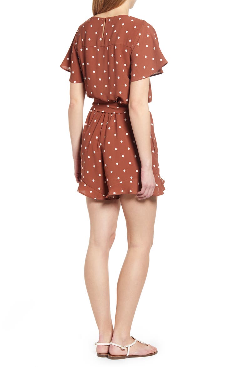 Gibson x Hi Sugarplum! Catalina Ruffle Hem Romper (Nordstrom Exclusive), Alternate, color, BROWN DOT