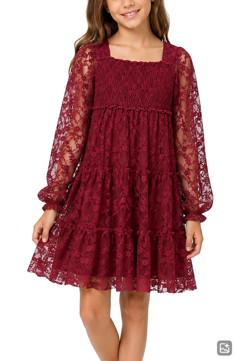 Kids' Lace Tiered Dress, Alternate, color, BURGUNDY