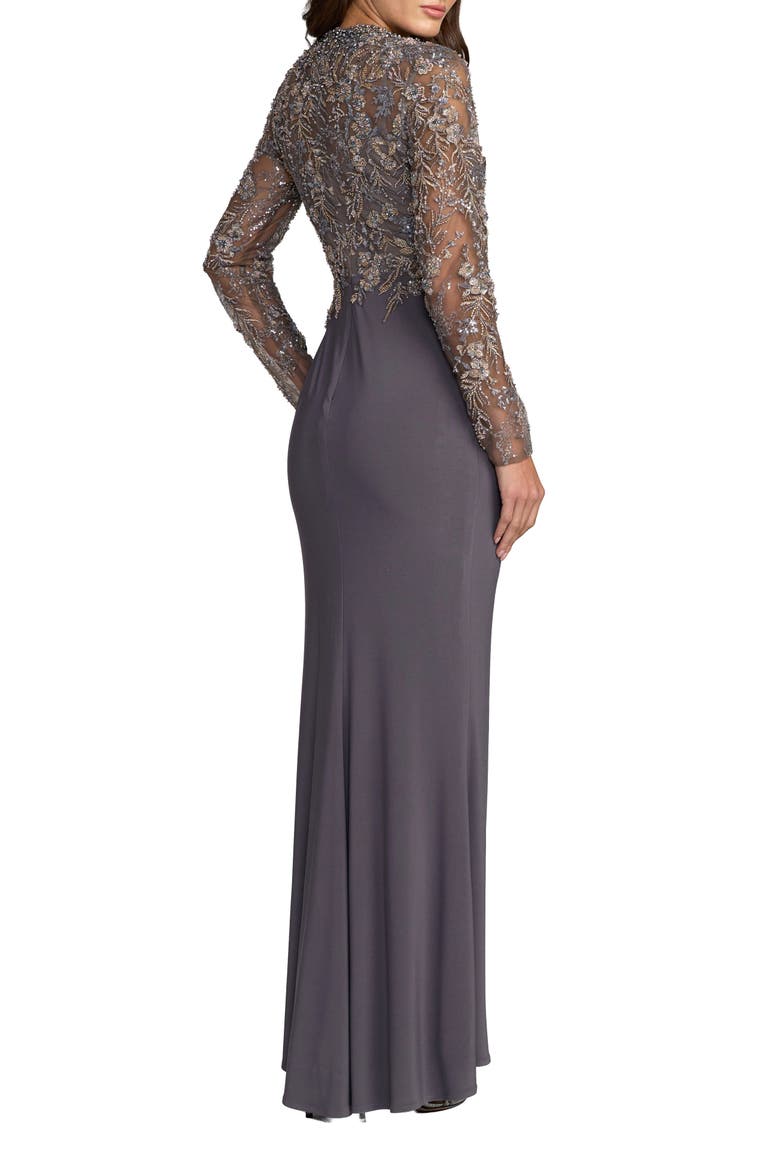 Long Sleeve Jersey Beaded Embroidered Gown, Alternate, color, Charcoal