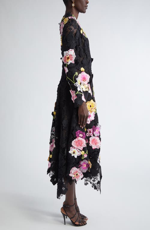 Oscar De La Renta Orchid Threadwork Long Sleeve Floral Lace Fit & Flare Gown In Black