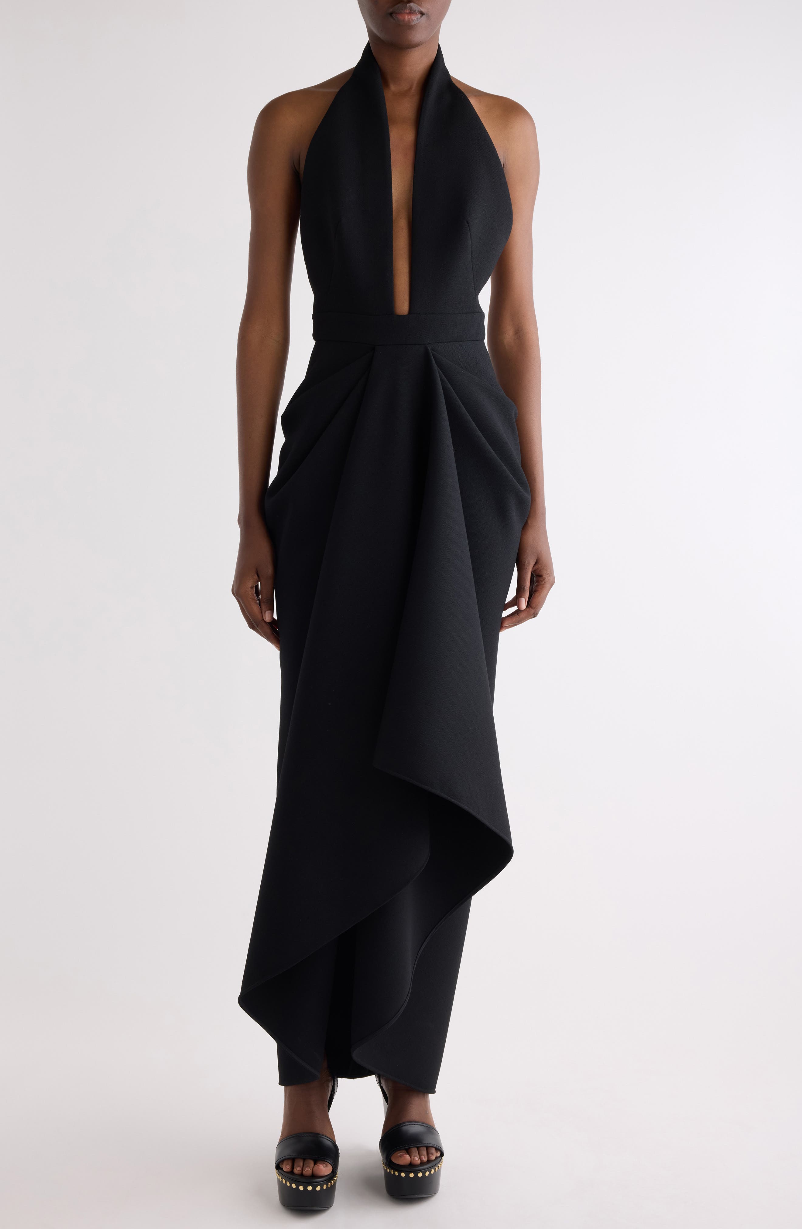 Draped Stretch Wool Blend Halter Dress