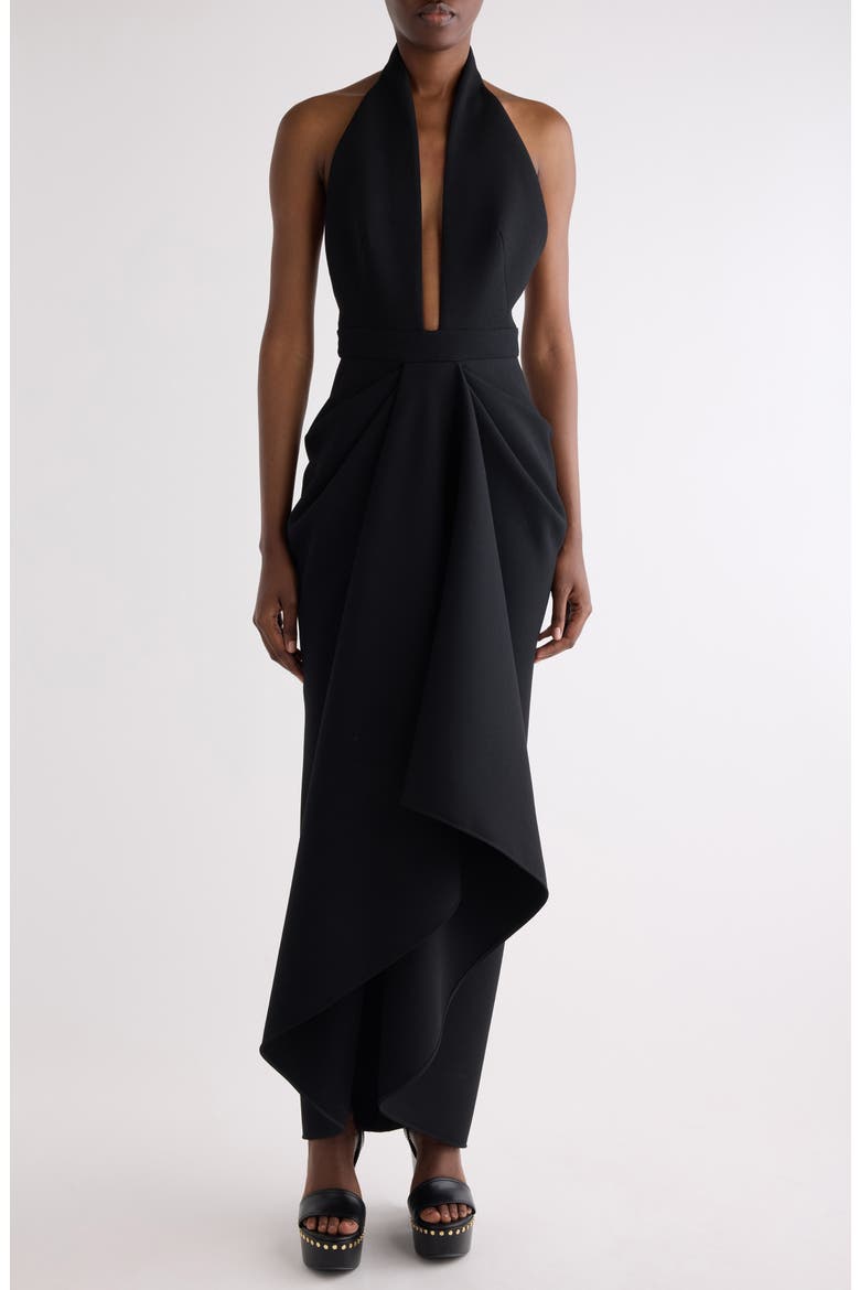 Draped Stretch Wool Blend Halter Dress, Main, color, BLACK
