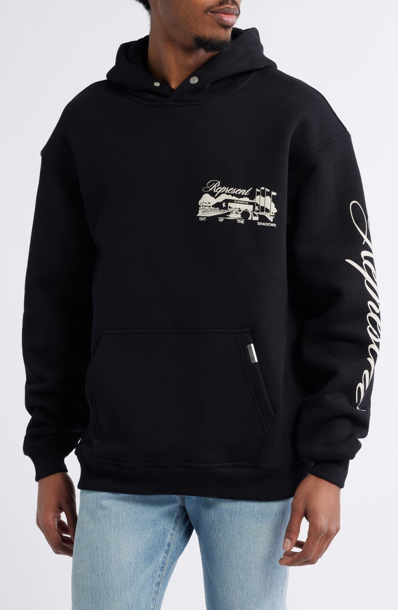 Represent Raceway Graphic Hoodie, Main, color, Jet Black