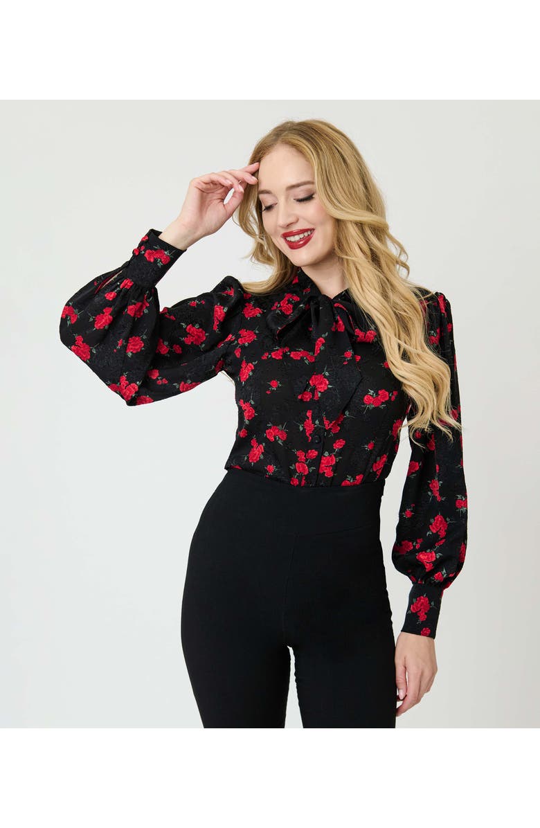 Unique Vintage Long Sleeve Neck Tie Gwen Blouse, Main, color, Black & Red Rose Print