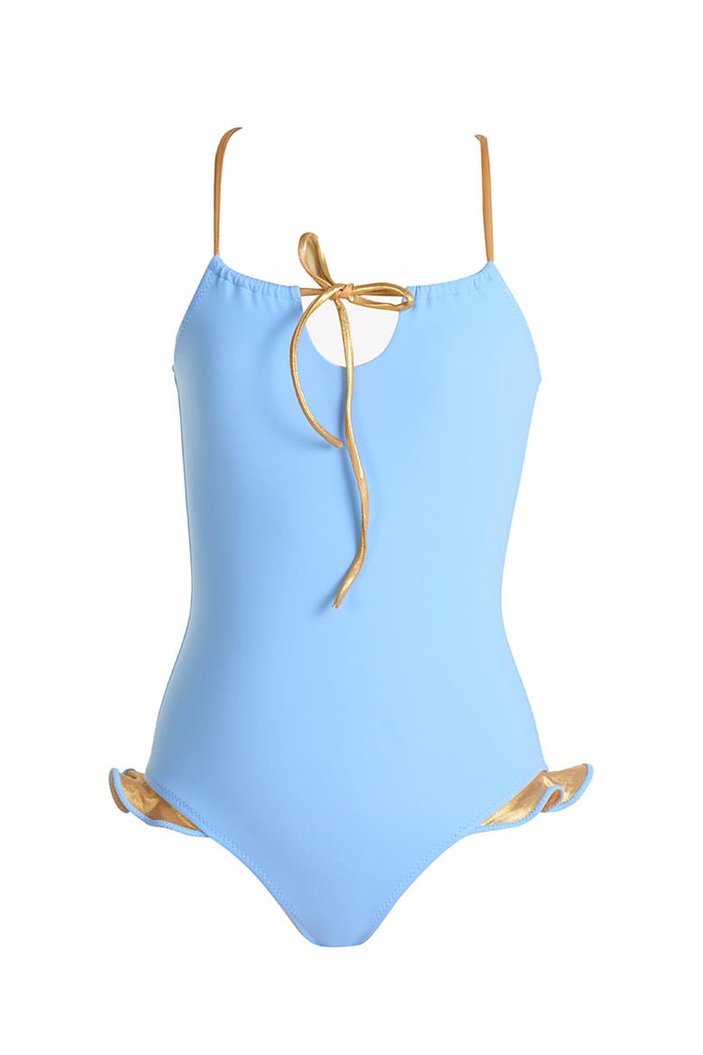 Keyhole Neckline with Bronze Tie and Ruffles One-Piece Swimsuit, Main, color, Blue