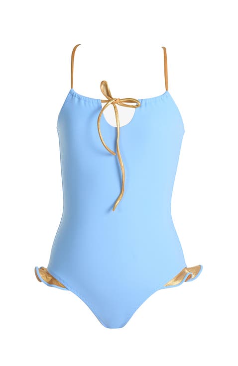 Keyhole Neckline with Bronze Tie and Ruffles One-Piece Swimsuit