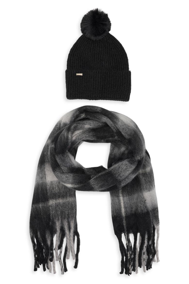 Ribbed Faux Fur Pompom Beanie & Scarf Set, Alternate, color, BLACK