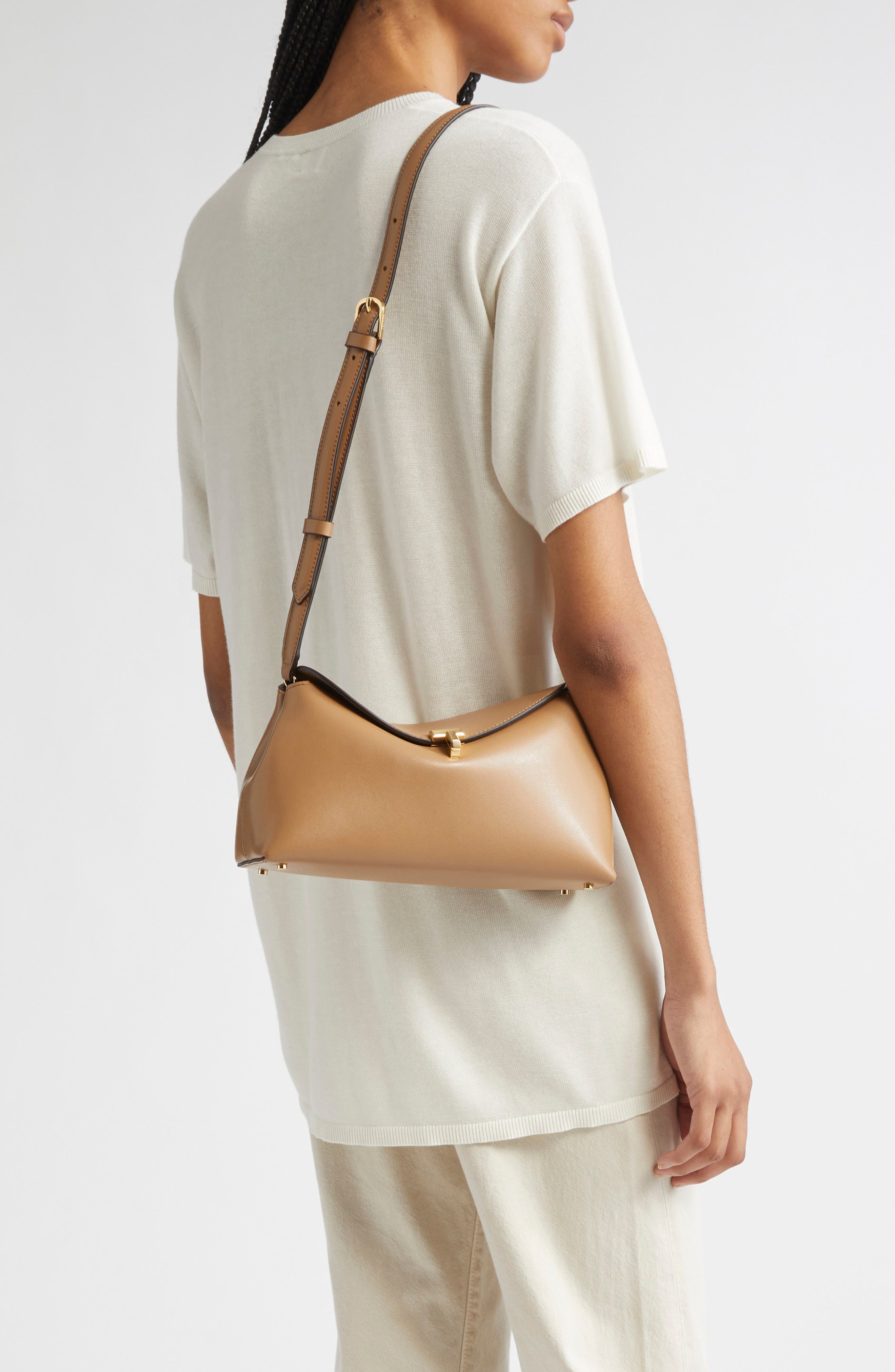 TOTEME Palmellata T-Lock Leather Clutch Crossbody, Alternate, color, Camel