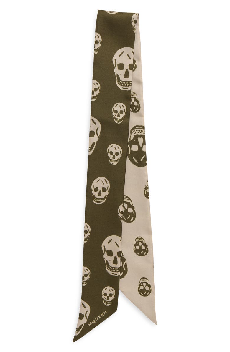 McQueen Skinny Silk Twill Scarf, Main, color, Olive