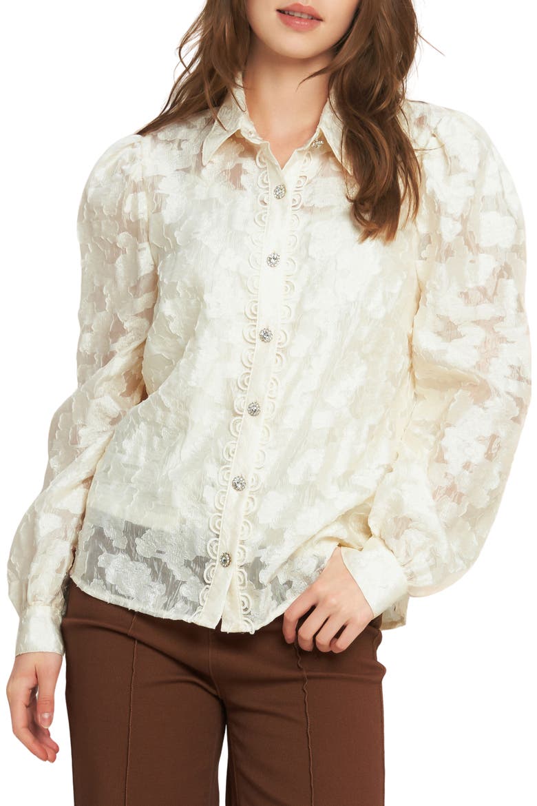 Floral Jacquard Button Front Shirt, Main, color, IVORY