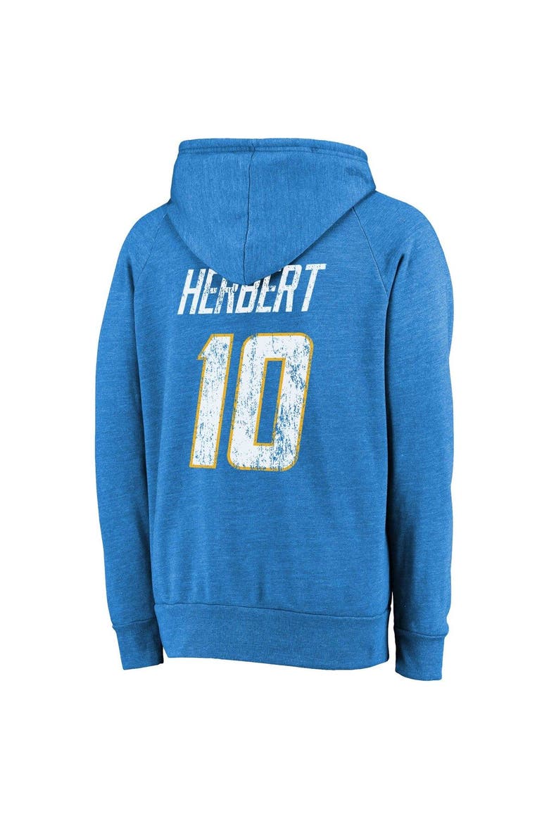 Men's Majestic Threads Justin Herbert Powder Blue Los Angeles Chargers Name & Number Tri-Blend Pullover Hoodie, Alternate, color, Powder Blue