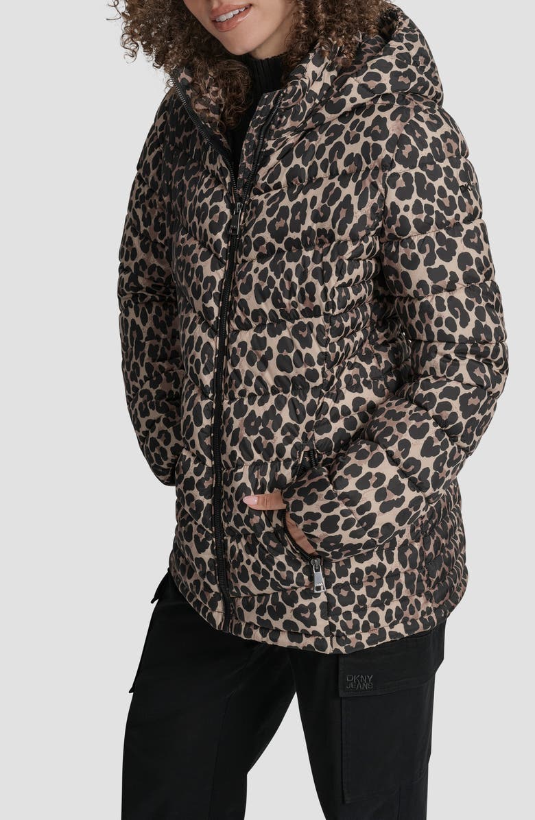 DKNY Cire Packable Hooded Puffer Jacket, Alternate, color, Leopard