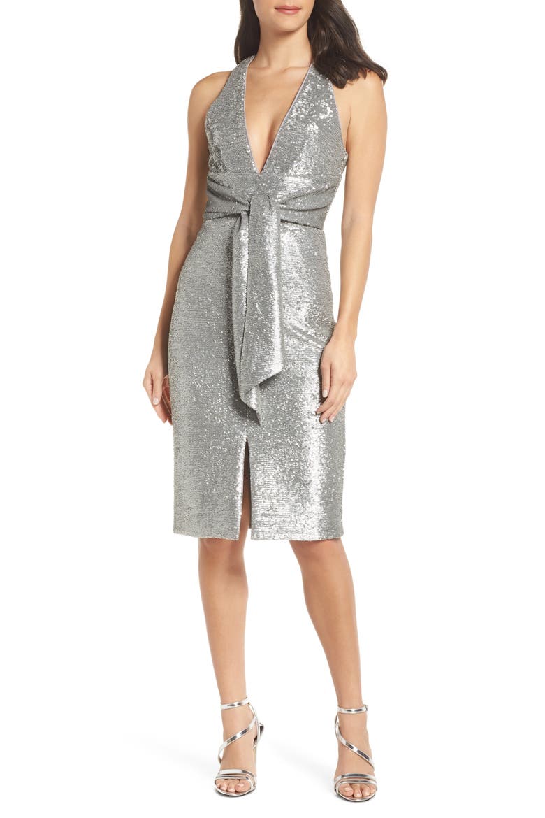 Plunge Neck Sequin Dress, Main, color, MATTE SILVER